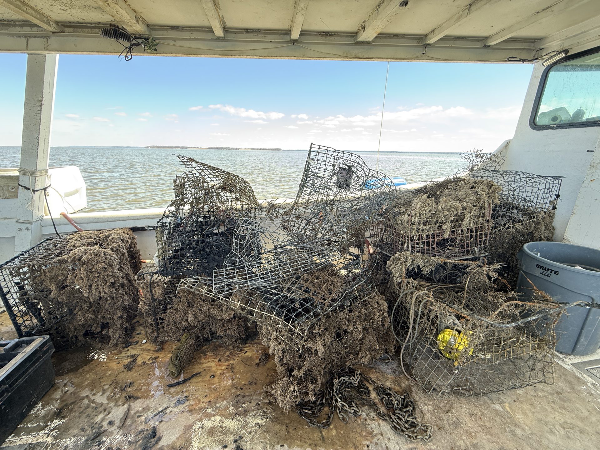Recovered derelict crab pots on boat deck